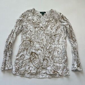 Ralph Lauren 100% Linen MP Petite Medium Paisley V Neck White Gold A56